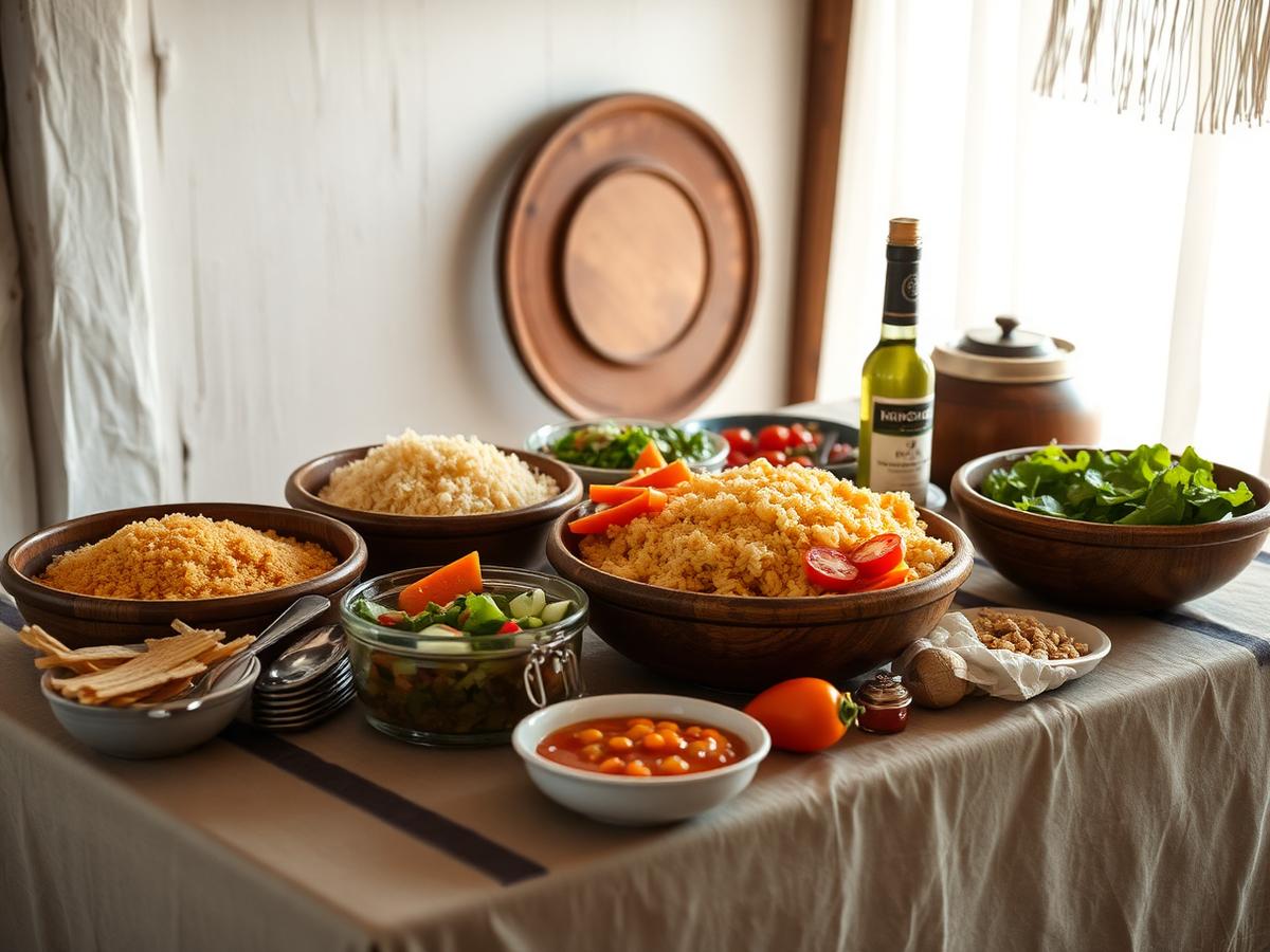 Mesa de buffet com arroz, farofa, saladas e acompanhamentos servidos em travessas