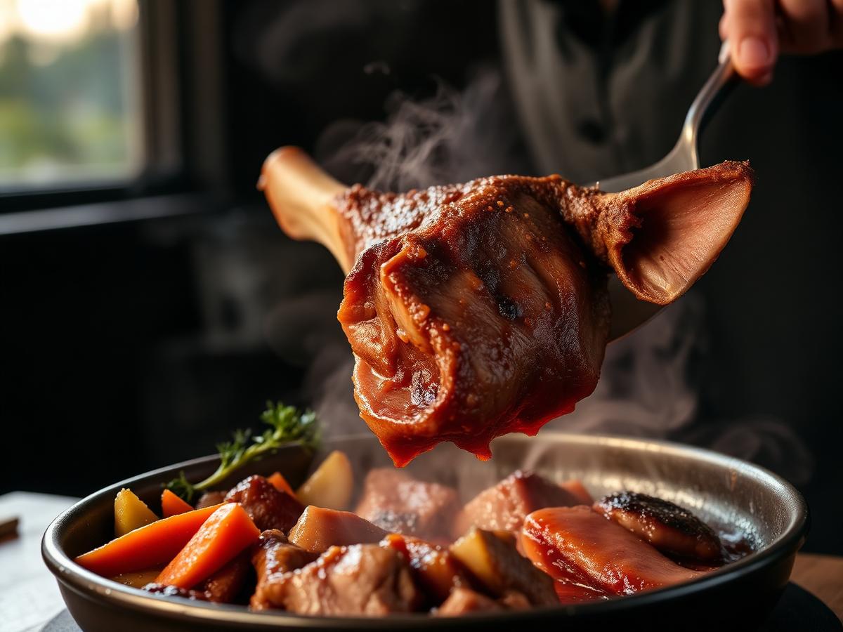 Costela bovina assada sendo fatiada, com a carne soltando do osso