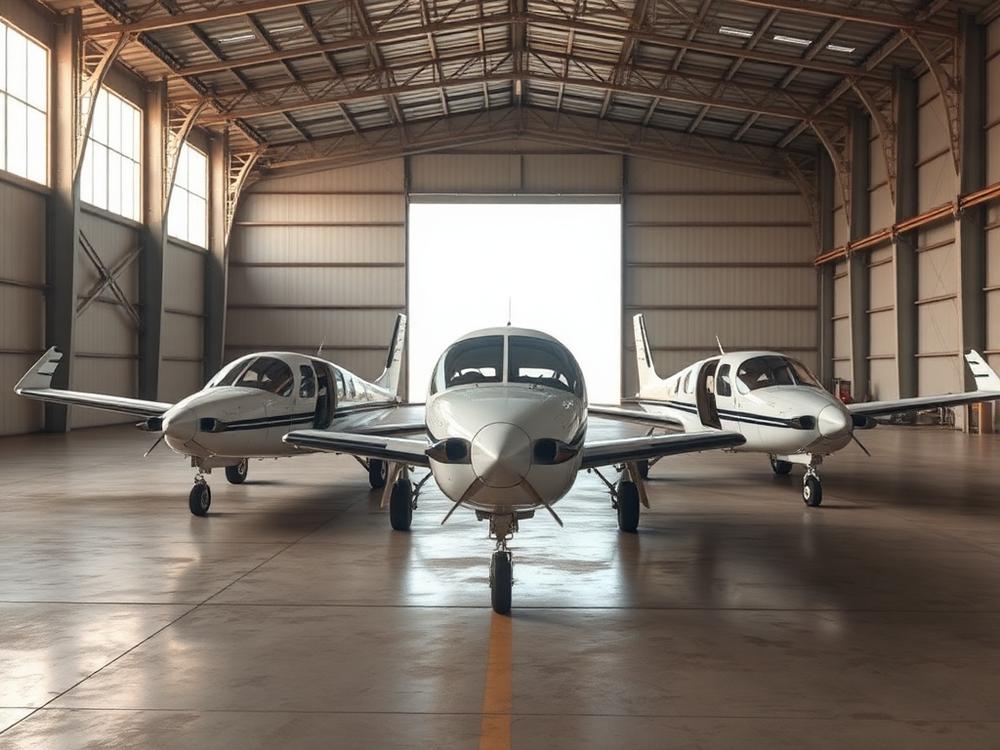 Aviões de pequeno porte expostos em hangar aberto