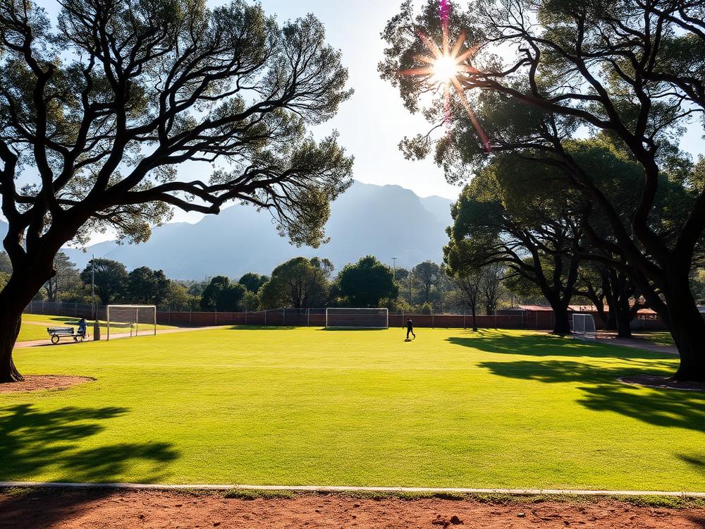 Campo de futebol gramado cercado por árvores