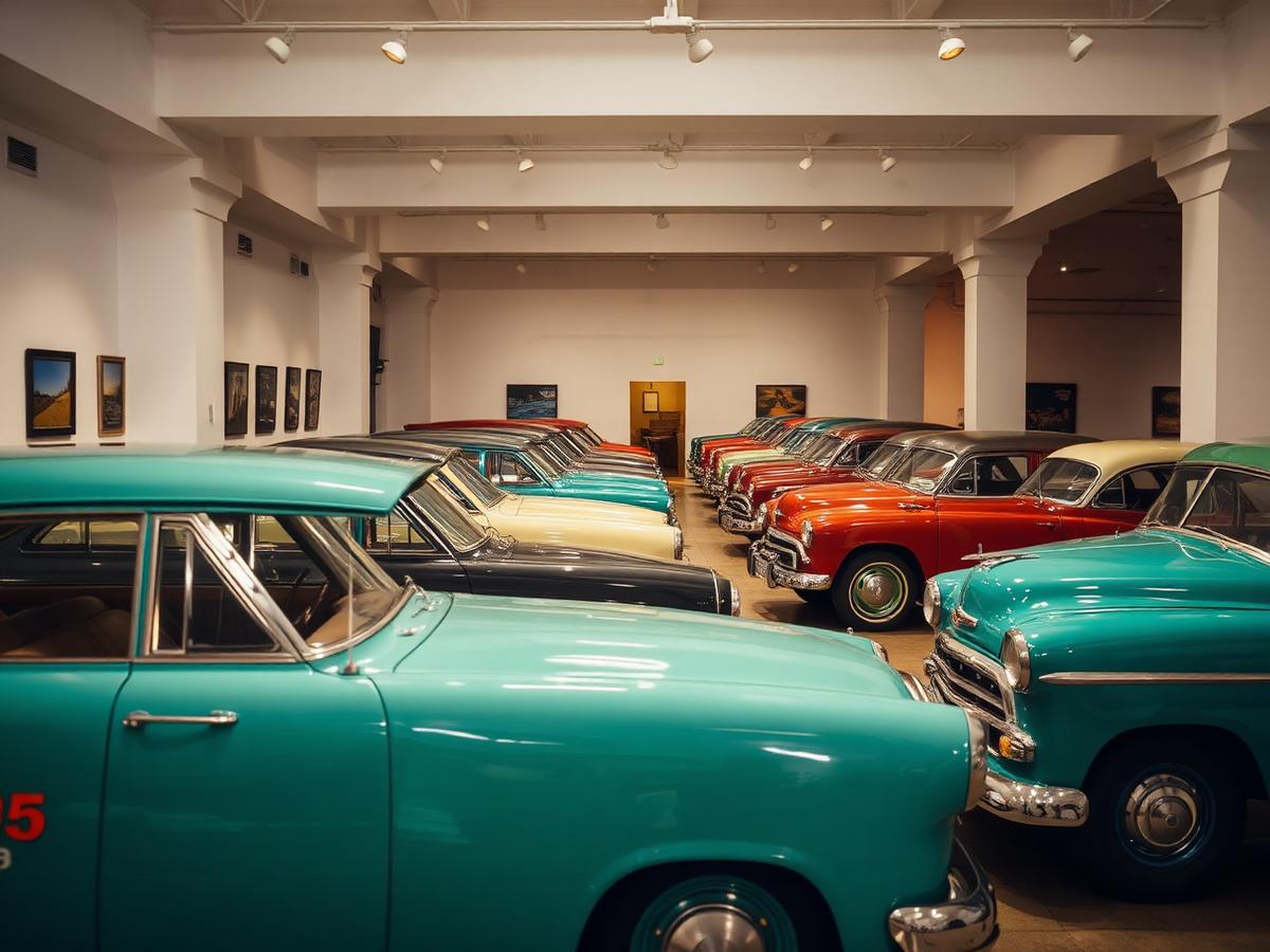 Carros antigos restaurados expostos lado a lado em um galpão
